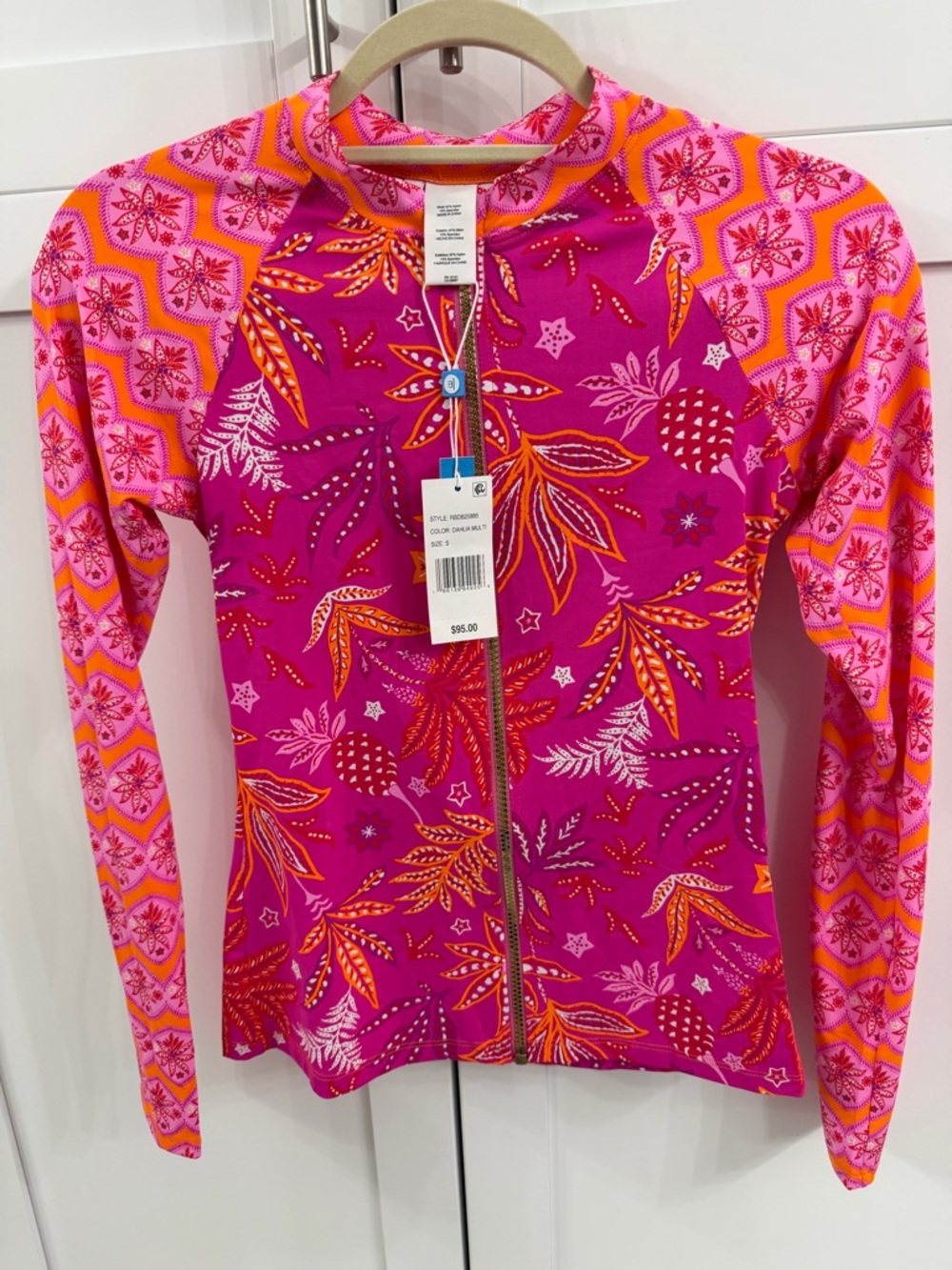 Bleu Rod Beattie Pink and Orange Floral Zip Rash Guard Coverup S